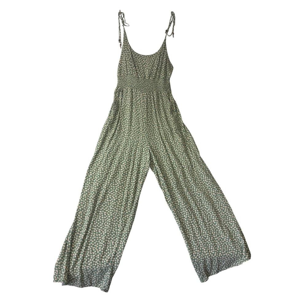 American Eagle Jumpsuit Womens Medium Green Floral Smocked Wide Leg Tie Strap